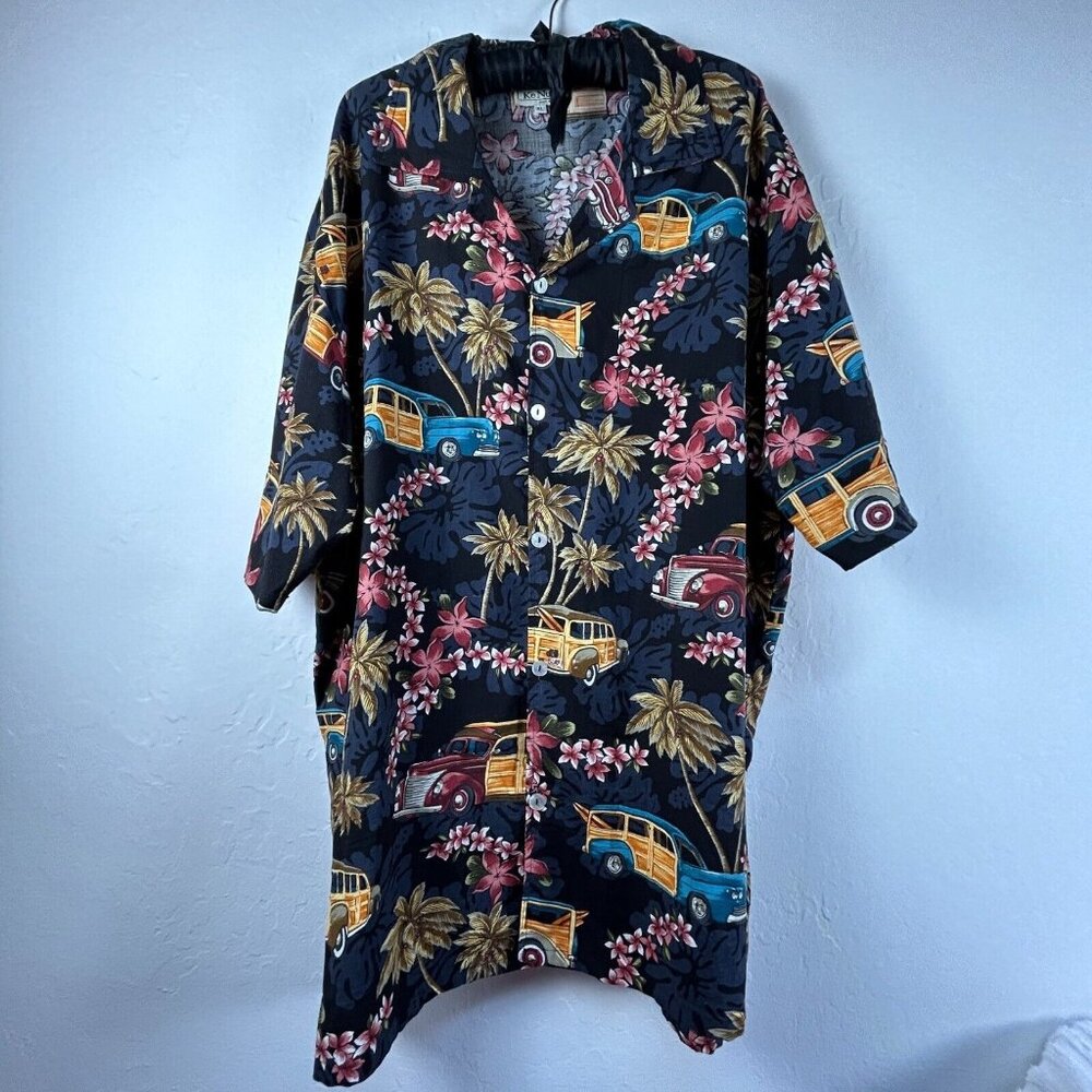 Ke Nui  Mens Short Sleeve Button Up Hawaiian Shirt Size XL Floral Woody Wagon